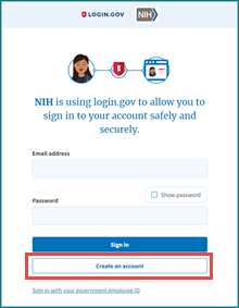 Create an account button on the initial Login.gov screen